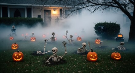 Spooky halloween skeletons and pumpkins in foggy front yard