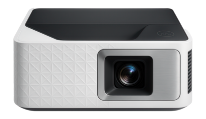 Ultra-short throw projector with a geometric pattern finish and NFC connectivity for seamless device pairing