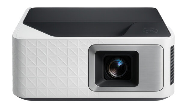 Ultra-short throw projector with a geometric pattern finish and NFC connectivity for seamless device pairing