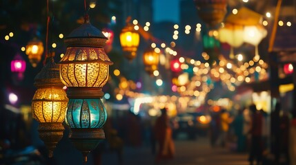 Lanterns hanging from street. A vibrant kandil lanterns in the city of mumbai. A festive atmosphere in the autumn with a video. Lanterns suspended from lifestyle a street.