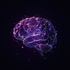 A stylized, low-poly brain rendered in shades of purple and pink against a dark background, with glowing nodes and connecting lines suggesting neural pathways