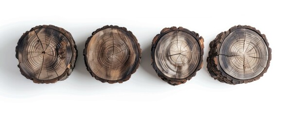 Set of four wood log isolated on white background, top view. High resolution photography. Realistic colour grading. Cinematic composition and lighting