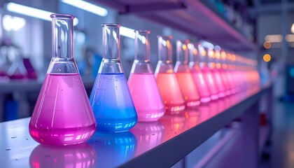 Colorful Laboratory Flasks with Vivid Liquid in Scientific Setting