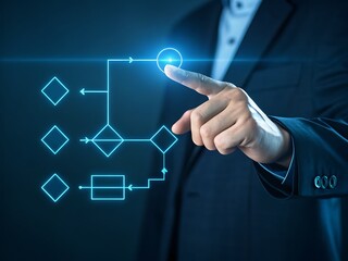 Hand touches glowing circle in digital process diagram