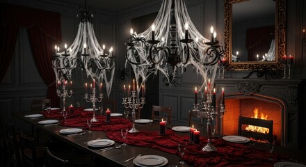 Elegant halloween dinner party table setting with spider webs