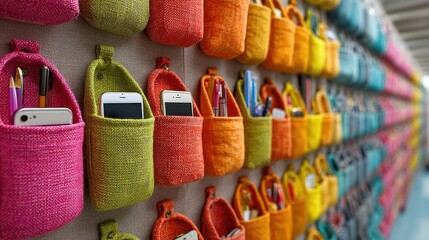 School phone pouch colorful hanging organizers classroom wall students depositing smartphones technology free lesson policy