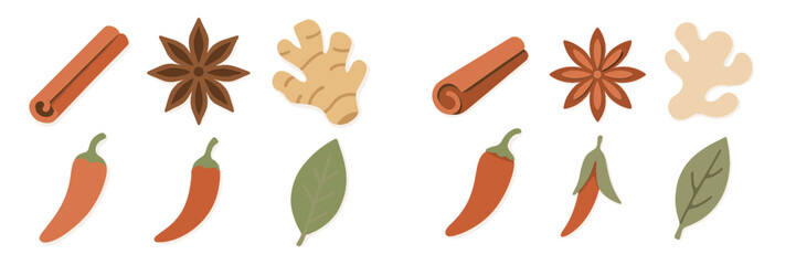 Colorful spices and herbs arranged artistically on a white background showcasing various culinary ingredients