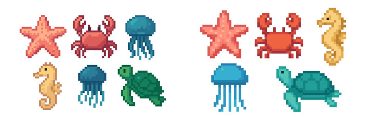 Colorful pixel art of various sea creatures including crabs, starfish, jellyfish, seahorses, turtles, and more
