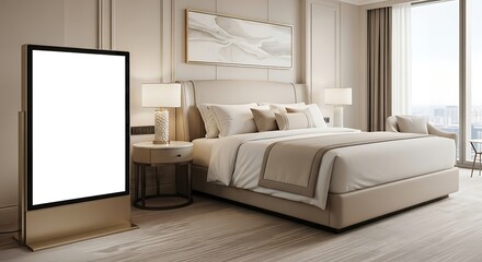 Fototapeta premium Elegant bedroom showcases a blank digital display in a luxurious hotel suite with city views, creating a modern and inviting atmosphere.