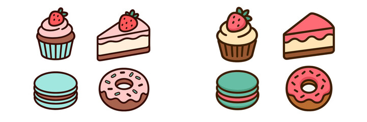 Colorful dessert illustrations with cupcakes, cake slices, and donuts displayed on a light background