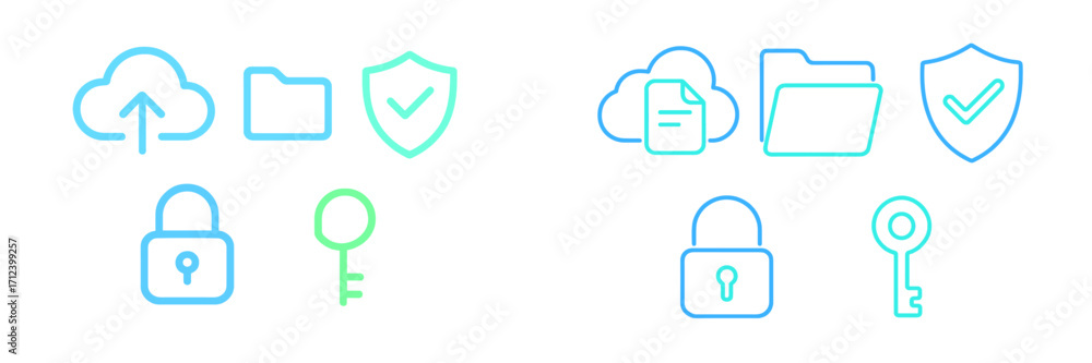Poster collection of minimalist security and cloud storage icons showcasing file management and protection 