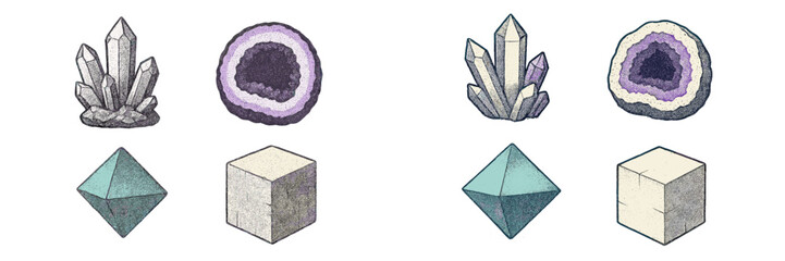 Collection of various crystal shapes and geometric forms displayed in an artistic style on a white background