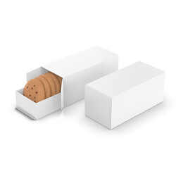 Blank 3D render illustration of a sliding cookie box packaging mockup with biscuits inside. The blank white cardboard pack features a pull-out tray design.