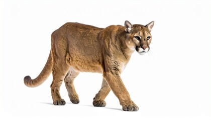 Obraz premium A cougar strides forward—tawny coat, focused gaze, muscular grace—against white void. A metaphor for silent power and the choreography of instinctive sovereignty.