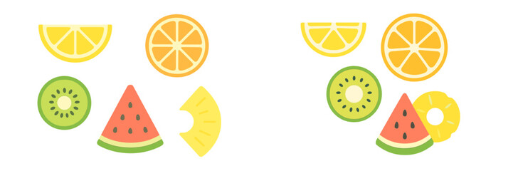 Colorful fruit slices arranged playfully on a white background for an inviting summer vibe