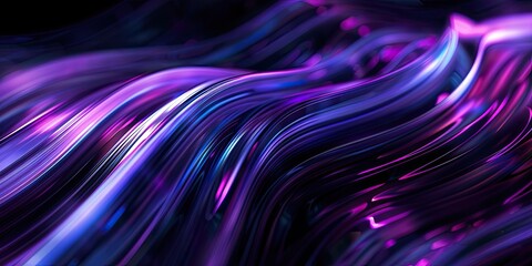 Abstract artwork featuring flowing, luminous strands in shades of purple, blue, and violet, creating a dynamic, wavy pattern against a dark background