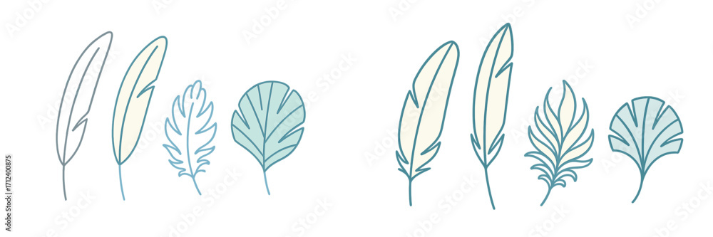 Poster elegant collection of hand-drawn leaves and feathers displayed on a clean background with soft color