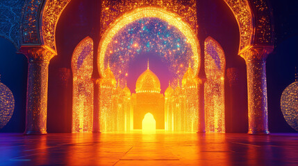 A stunning golden palace with intricate arches and sparkling lights, creating a magical and enchanting atmosphere reminiscent of arabian nights fantasies
