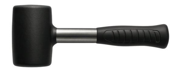 Heavy-duty rubber mallet with a reinforced steel handle for a building site.