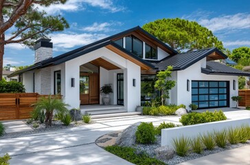 modern home in san diego. the home has white walls and a blue roof, with black accents