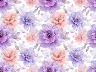 Elegant Floral Pattern with Soft Purple and Pink Blooms on White Background for Decorative Use