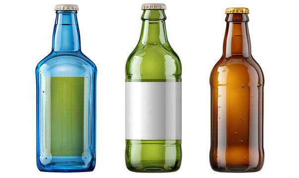 blue and green plastic bottles, a glass bottle with a white label, and a brown beer bottle on a transparent background - Powered by Adobe