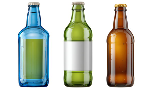 blue and green plastic bottles, a glass bottle with a white label, and a brown beer bottle on a transparent background