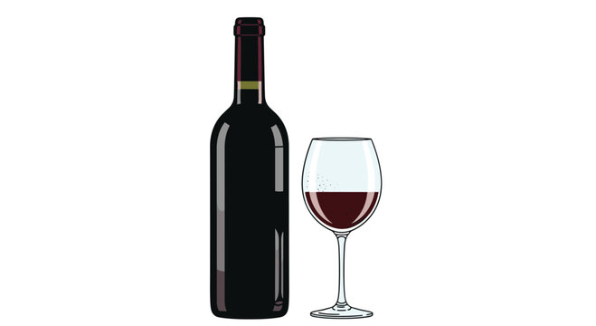 A classic bottle of dark red wine stands next to a glass filled with the same beverage.