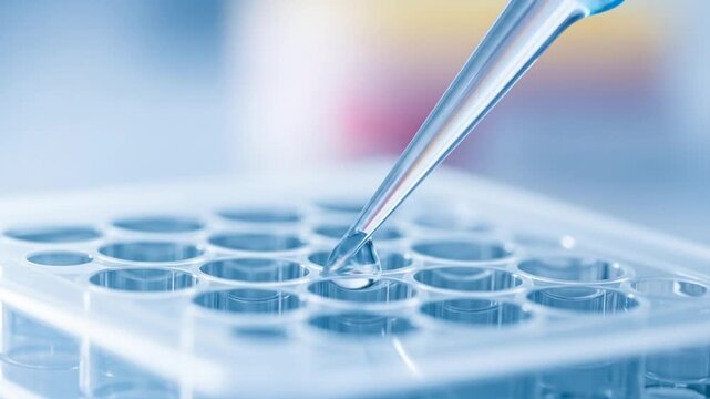 Close up of a pipette dispensing liquid into a multi-well plate in a laboratory setting.