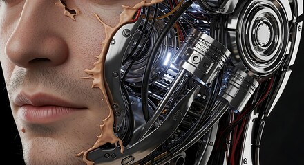 A detailed close-up of a male cyborg with torn skin showing the complex inner mechanics