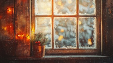 Cozy winter scene featuring rustic window adorned with frost, showcasing festive arrangement of pine branches and berries pot. Soft, warm lights illuminate atmosphere, evoking sense of holiday