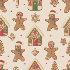 Naklejka premium Christmas gingerbread gingerman seamless pattern with houses cookies snowflakes mittens stars festive holiday