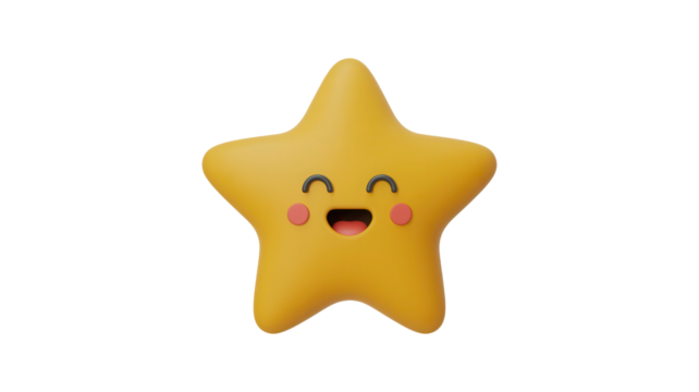 Cute cartoon yellow star character with happy smiling face and rosy cheeks isolated on transparent background