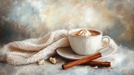 Cozy cup of hot chocolate sits on delicate plate, surrounded by soft knitted scarf and cinnamon sticks, evoking warmth and comfort during winter season