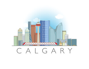 Naklejka premium Calgary, Alberta, Canada cityscape illustration skyline drawing in colour