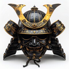 Black and Gold Samurai Kabuto Helmet on White Background, Front View