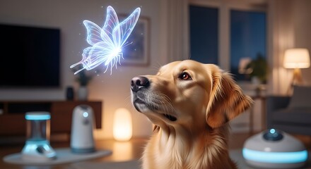 Golden Retriever Gazing at a Glowing Butterfly