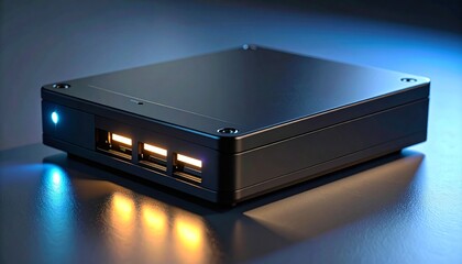 A sleek black device—three glowing USB ports, blue LED lit—rests on reflective surface. A metaphor for silent connectivity and the choreography of digital readiness.