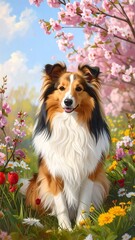 Fototapeta premium A sheltie dog, bathed in spring sunlight, sits amidst a vibrant meadow filled with cherry blossoms and wildflowers.