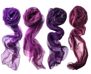 Set of purple and burgundy scarves isolated on a white background in different styles, including realistic and hyper-realistic. The high resolution photography features detailed