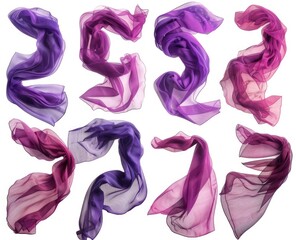 Set of purple and burgundy scarves isolated on a white background in different styles, including realistic and hyper-realistic. The high resolution photography features detailed