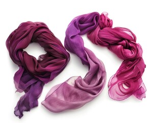 Set of purple and burgundy scarves isolated on a white background in different styles, including realistic and hyper-realistic. The high resolution photography features detailed