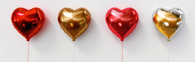 Set of realistic heart shaped balloons in red, gold and silver colors on white background, 3d rendering Valentine's Day concept. , ultra-realistic, hyper-detailed