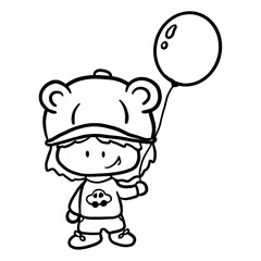 Kid wearing bear-themed cap, holding balloon outline illustration