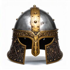 Medieval helmet front view on white background
