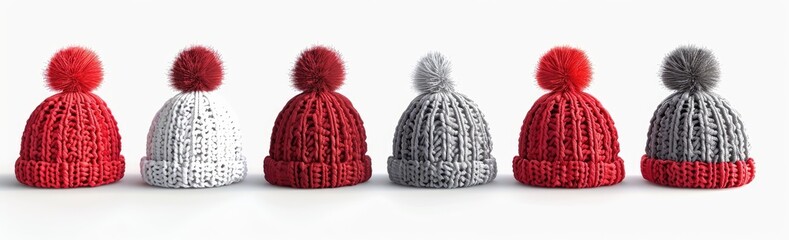 Set of red and grey knitted hat with pom-pom isolated on white background, 3d rendering , studio lighting, high resolution photography, insanely detailed
