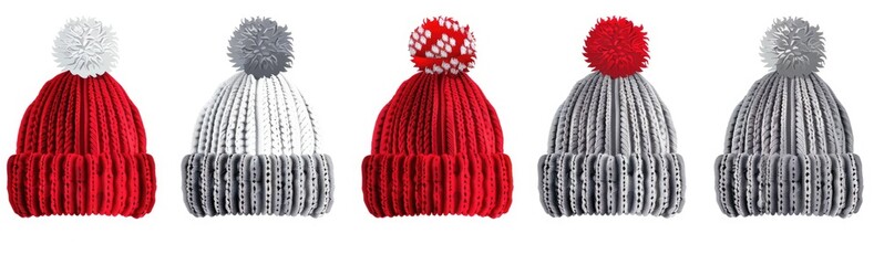 Set of red and grey knitted hat with pom-pom isolated on white background, 3d rendering , studio lighting, high resolution photography, insanely detailed