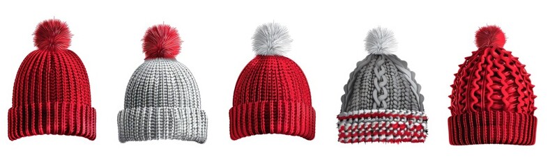 Set of red and grey knitted hat with pom-pom isolated on white background, 3d rendering , studio lighting, high resolution photography, insanely detailed