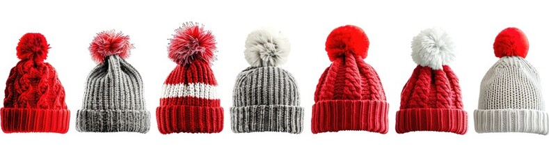 Set of red and grey knitted hat with pom-pom isolated on white background, 3d rendering , studio lighting, high resolution photography, insanely detailed