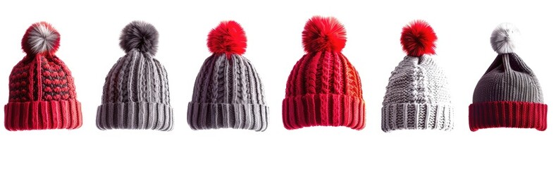 Set of red and grey knitted hat with pom-pom isolated on white background, 3d rendering , studio lighting, high resolution photography, insanely detailed